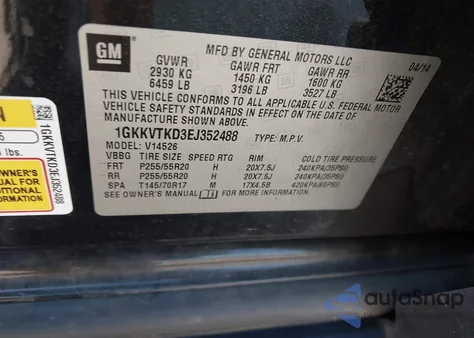 2014 GMC Acadia Denali from USA, damaged, VIN 1GKKVTKD3EJ352488